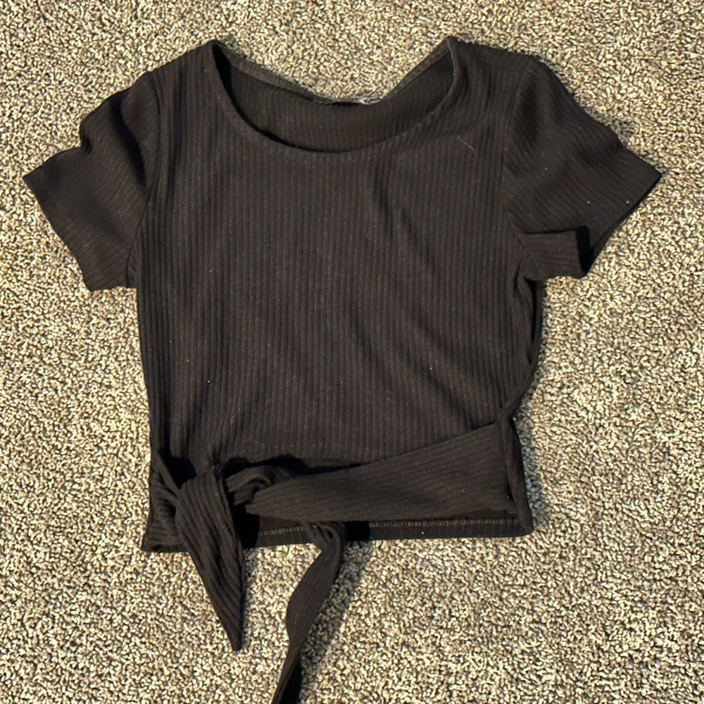 Black Ribbed Tie-Front Top